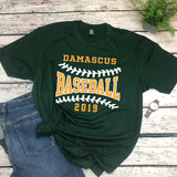 Damascus Baseball Modest 2-Color Tee crewneck in hunter green with yellow and white imprint includes year