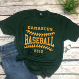 Damascus Baseball modest green tee with 1-color yellow imprint. Can be made with or without year.