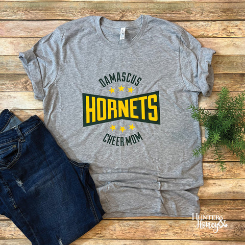 Damascus Hornets Cheer Mom burst tee on a gray ring-spun cotton t-shirt with a 2-color graphic.