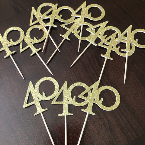 Gold Glitter cardstock 40s cupcake toppers.