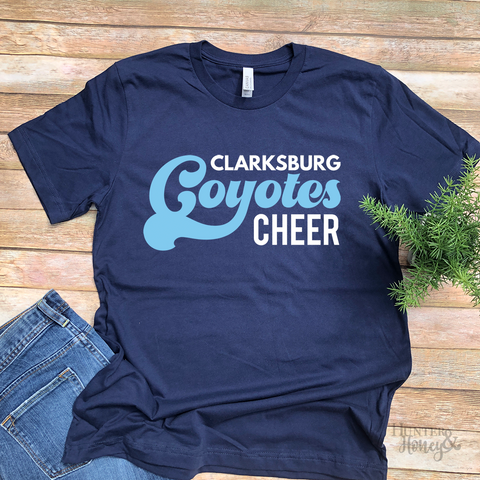 Clarksburg Cheer Pacifica navy blue t-shirt with a 2-color logo