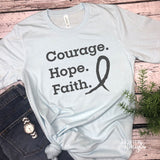Courage Hope Faith cancer awareness tee in light blue with grey text on a 100% ringspun cotton unisex fit tee.