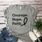 Courage Hope Faith cancer awareness tee in grey with black text on a ringspun cotton unisex fit tee.