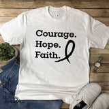 Courage Hope Faith cancer awareness tee in white with black text on a 100% ringspun cotton unisex fit tee.