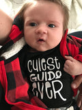 Model wearing black infant bodysuit with Cutest Guido Ever graphic in white heat transfer vinyl.