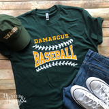 Damascus baseball crewneck 2-color tee in hunter green with white and yellow imprint and no year.
