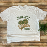 Damascus Hornets Pom Coach 2-color glitter tee with dark green and gold glitter on a white tee.