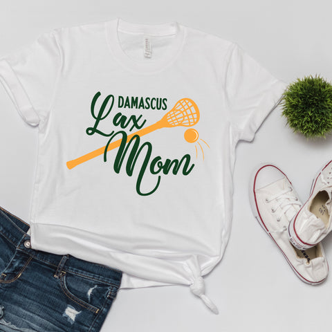 Damascus Lax Mom with stick graphic on a white t-shirt