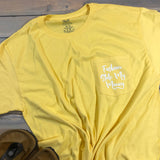 Yellow ringspun cotton pocket tee with Fashion Stole My Money on the pocket.