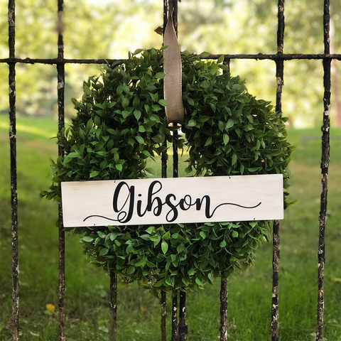 Gibson personalized white and black sign on a faux boxwood wreath