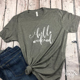 Women's grey graphic tee with white Hello Weekend saying. 