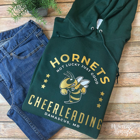 Damascus Hornets Hornets Not Lucky Just Good green sweatshirt with a metallic gold design featuring a hornet in the center.