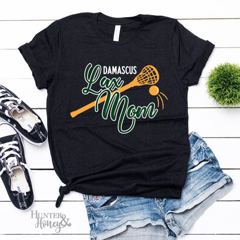 Damascus Lax Mom with stick graphic on a black t-shirt