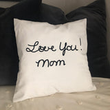White velvet custom pillow cover with loved one's message in black flock HTV.