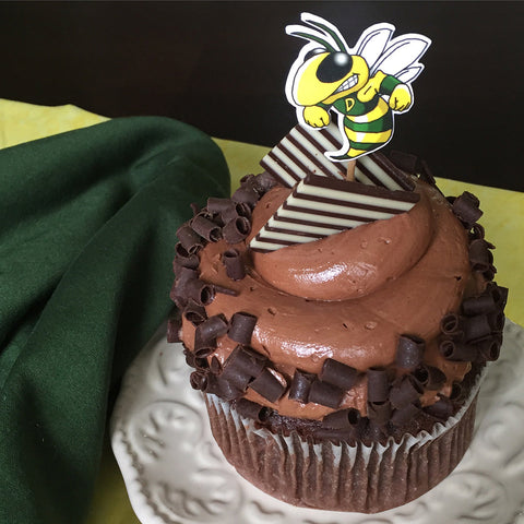 Hornet cupcake topper on top of cupcake.
