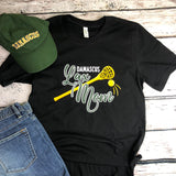 Damascus Lax Mom with stick graphic on a black t-shirt flat lay