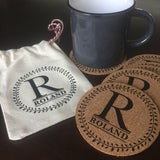 Personalized round cork coaster set in canvas drawstring bag.