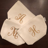 Gold glittered personalized canvas makeup bags